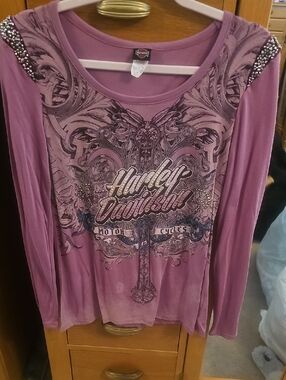 Harley-Davidson Women's Mauve Long Sleeve Graphic Top with Rhinestones